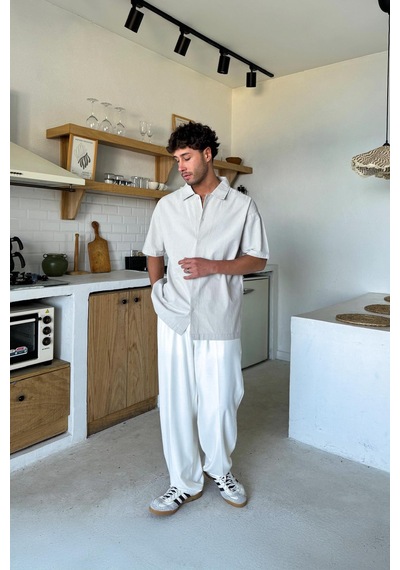Flaw Keten Oversize Kısa Kol Gömlek Taş Rengi-25768 Taş