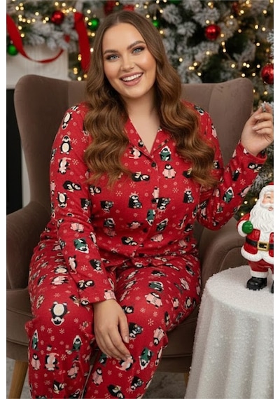 Siyah İnci Curve Büyük Beden Battal Boy Düğmeli Pamuklu Pijama Takımı 7617 Kırmızı Penguenli Siyah İnci Curve Büyük Beden Battal Boy Düğmeli Pamuklu Pijama Takımı 7617 Kırmızı Penguenli