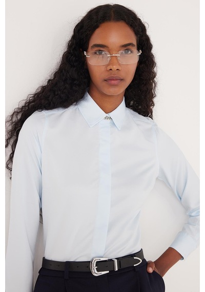 Tudors Kadın Slim Fit Dar Kesim Vucüda Oturan Uzun Kollu Gizli Düğme Detaylı Mavi Basic Gömlek-35557 Mavi