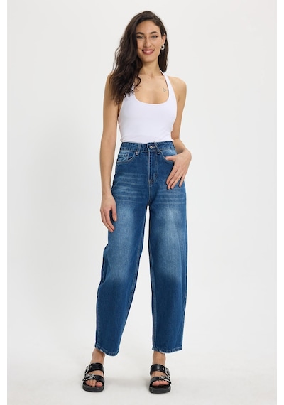 Tudors Kadın Relax Fit Rahat Kesim %100 Pamuk Cepli Geniş Paça Lacivert Jean Kot Pantolon-50730