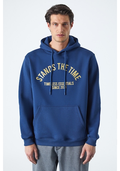 Grimelange WULF Erkek Organik Kumaşlı İçi Polarlı Yumuşacık Kanguru Cepli Kapüşonlu Lacivert Sweatshirt