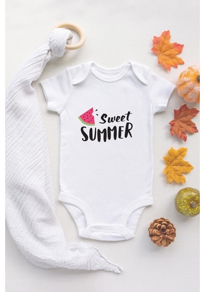 Tuğba Baby Özel Tasarım Hello Summer Karpuz Bebek Body Bebek Badi Zıbın Beyaz