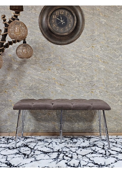 Zafir Metal Krom Tel Ayaklı 100 Cm Puf Bench - Puf - Bench - Oturak - Mutfak Oturağı - Antre Oturağı Kahverengi