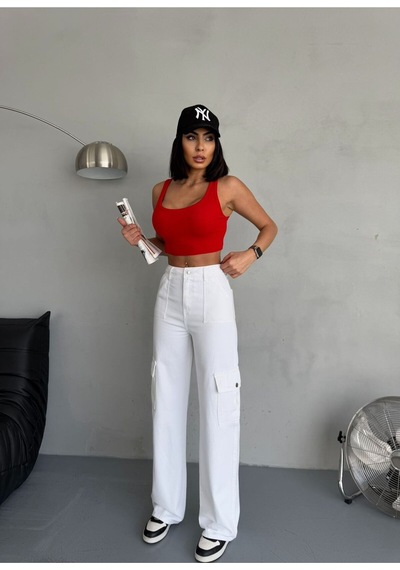 Gabardin Pantolon Wide-leg Fit Yüksek Bel Kargo Cepli Beyaz