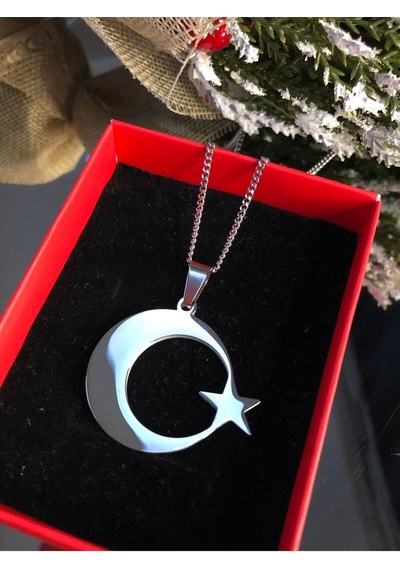Vog 3.5 Cm Ay Yıldız Türk Bayrağı Sevgiliye Eşe Babaya Arkadaşa Hediye Beyaz Çelik Kolye Beyaz