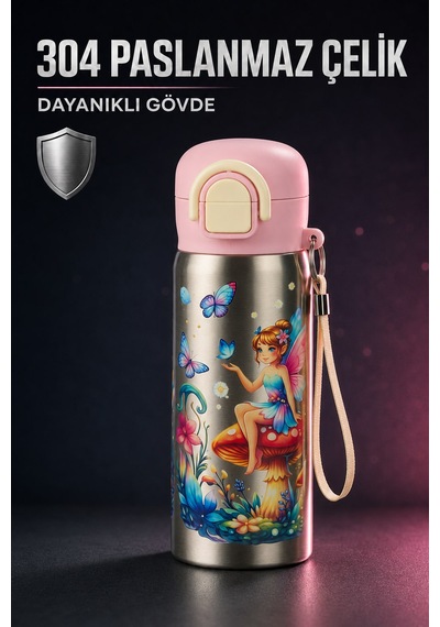 Siply Desenli Paslanmaz Çelik Okul Matarası 600ml Pembe Toz pembe