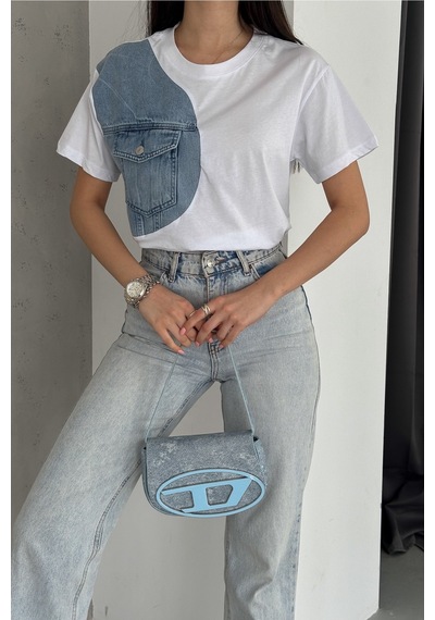 Femelle Kadın Beyaz Denim Kot Detaylı Cepli Tasarım Pamuklu Tişört