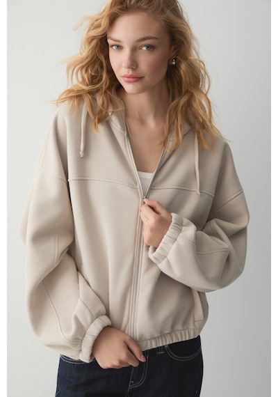 ETHIQUET VA IT Kadın Çift Cepli Eteği Ve Kol Ucu astikli Fermuarlı Oversize Taş Rengi Sweatshirt