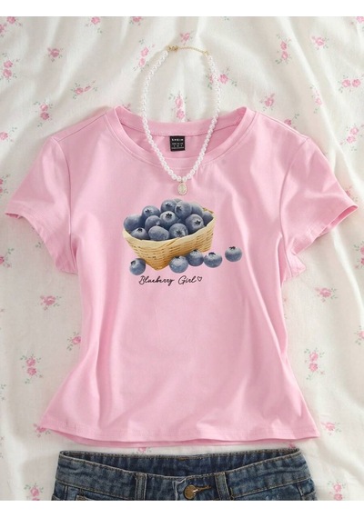 Flood Of Style Kadın Pembe Yaban Mersini Baskılı Bisiklet Yaka Dar Crop