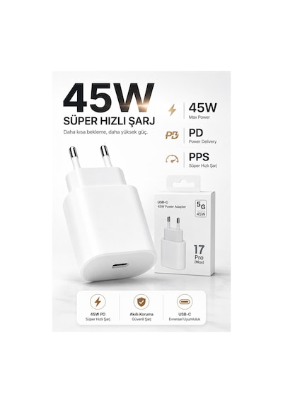 45w Usb-c Hızlı Şarj Adaptörü Beyaz Type-c Çıkışlı Kompakt Güç Adaptörü İphone 15 16 17 Pro Max Uyumlu