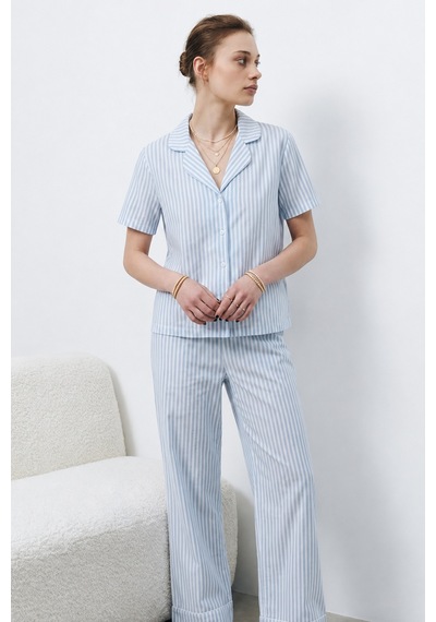 V Yaka Kapama Lastik Bel Mavi Pijama Takımı