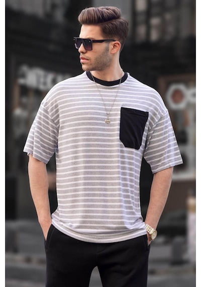 Madmext Erkek Gri Çizgili Basic Tişört 6084 Gri