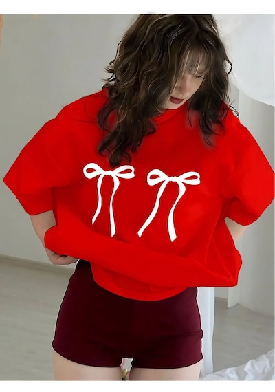 Kadın Çift Kurdele Baskılı Bisiklet Yaka Tshirt Kırmızı