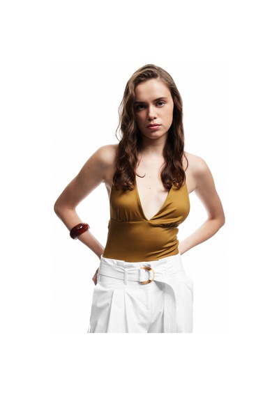 Koton Slim Fit Sırt Dekolteli Crop Halter Yaka Büstiyer Hardal 5sak10695ek HARDAL