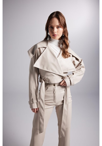 Holly Lolly Crop Model Astarlı Kemerli Neeko Deri Ceket Bej