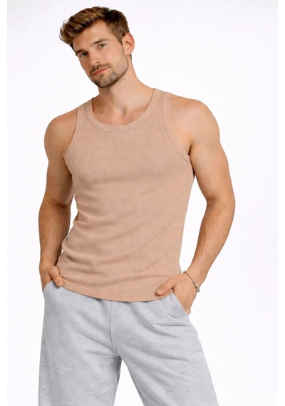 Barlashive Erkek Fitilli Atlet Sıfır Yaka Slim Fit Arka Baskılı Spor Atlet - Bej Çok Renkli