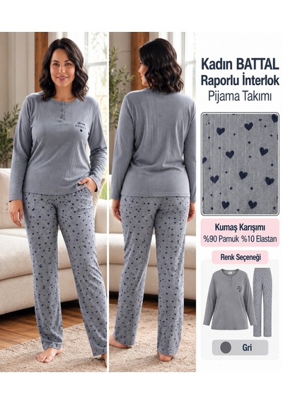 Lana Kadın Battal Pamuk Likralı Raporlu İnterlok Kışlık Pijama Takımı 245/25 - 1 Adet Gri