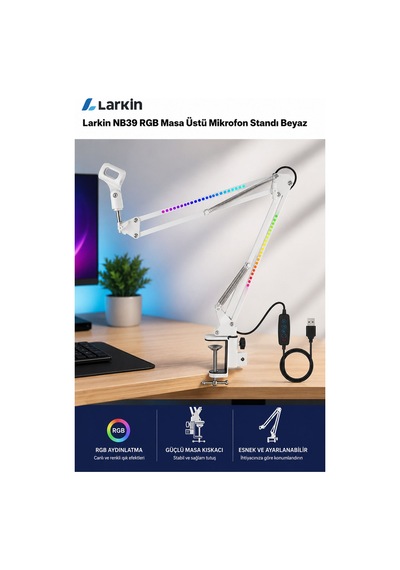 Larkin Nb39 Rgb Demir Masa Üstü Yayıncı Mikrofon Standı Boom Arm Beyaz