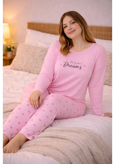 Nisanca Kadın Büyük Beden Uzun Kollu Rahat Pijama Takımı Yumuşak Dokulu Konforlu Ev Giyimi Pembe