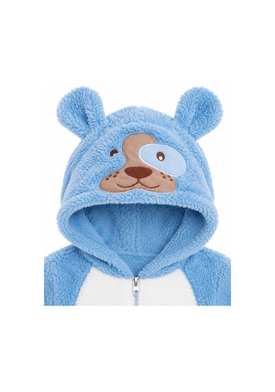 Kız Erkek Bebek Welsoft Peluş Tulum Kapüşonlu Fermuarlı Kışlık Bebek Tulumu Köpek Figürlü Yumuşak Polar Tulum Mavi