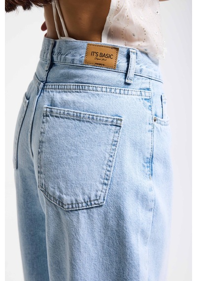 it's basic Kadın Ice 4s6-3 Wide Leg Barrel Fit %100 Koton Denim Jean Buz Mavi