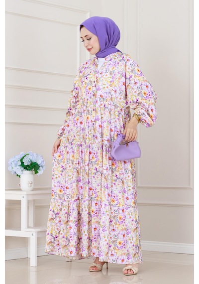 Sevitli Lilyum Çiçekli Elbise-mor-5254 Mor