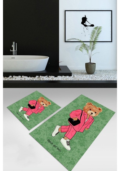 Buççin Online Mağaza Dijital Baskılı Kaymaz Taban Yıkanabilir İkili Banyo Takımı Klozet Takımı Polyester Yeşil Çok Renkli