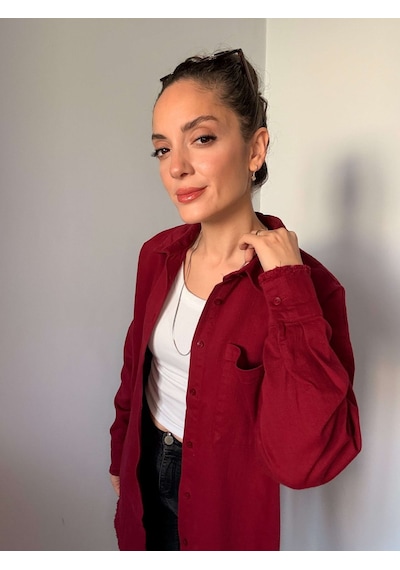 Ali Butik Bordo Püskül Detaylı Keten Gömlek Bordo