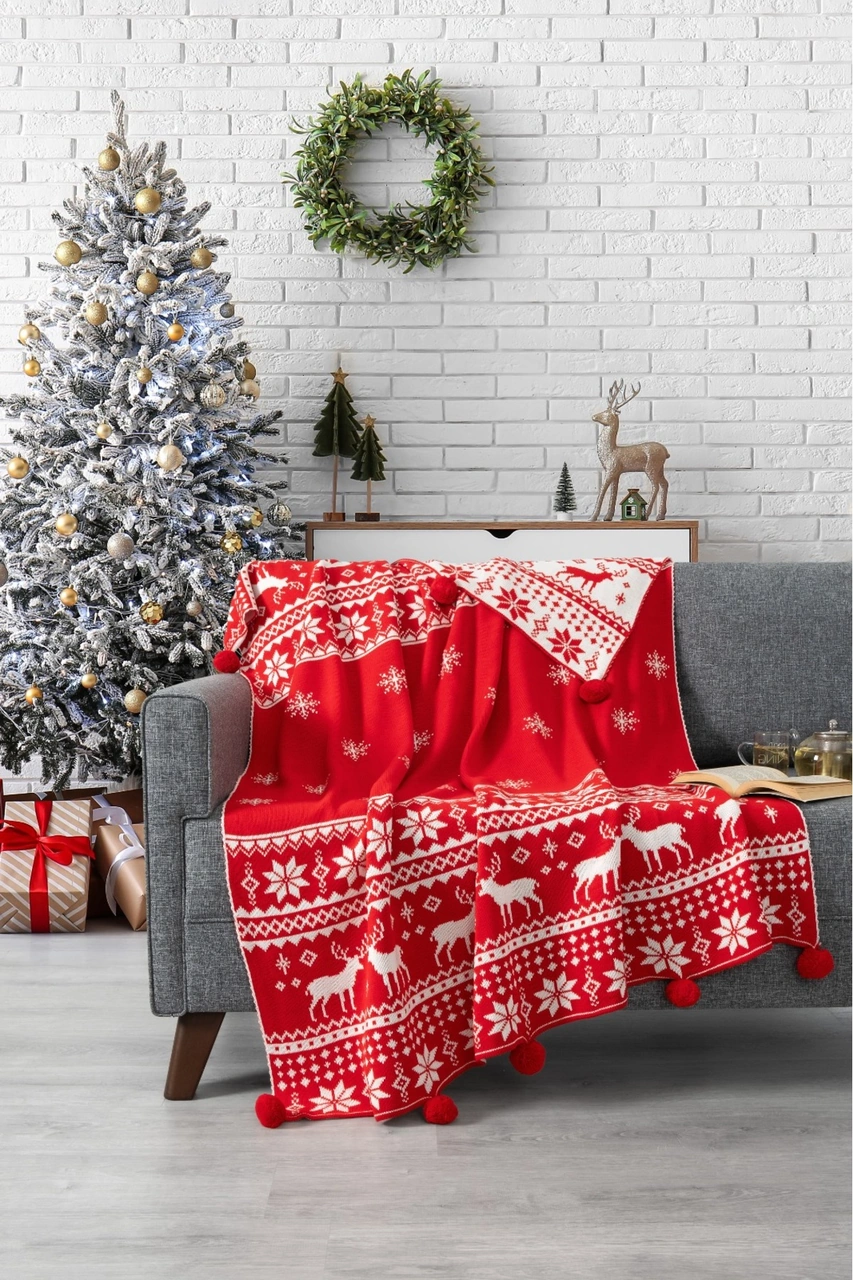 Kar Tanesi Detaylı Ponponlu Triko Örme Tv Battaniyesi Yılbaşı Hediyesi-130x170 Cm-kırmızı Kırmızı Kırmızı