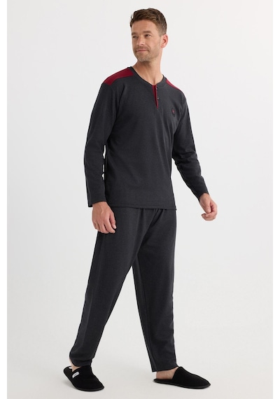 Tudors Erkek Regular Fit Pamuklu Düğmeli Yaka Beli Lastikli Desenli Antrasit Pijama Takımı-37942 Antrasit
