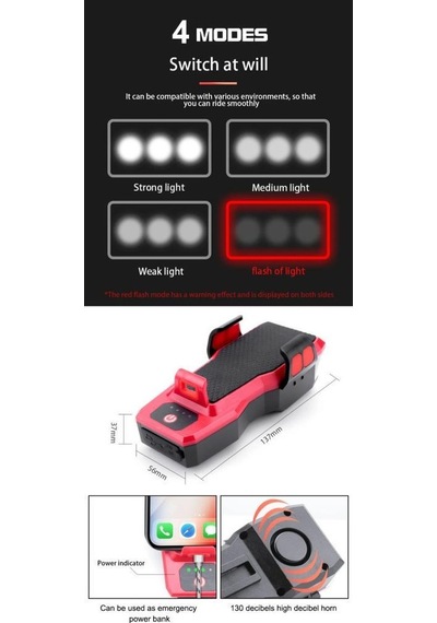 400 Lümen 4 Mod T6 Dış Mekan Gece Sürüşü Su Geçirmez Telefon Tutuculu Powerbankli Hoparlörlü Korna Usb Şarj Edilebilir Led Far Ön Bisiklet Lambası 001