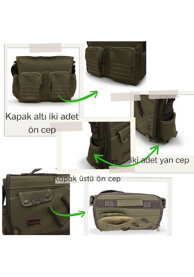 Cappadocia Vintage 4017 Haki 14" Laptop Kanvas Postacı Okul Çantası Unisex Kilitli Çok Cepli Omuz Askılı Haki