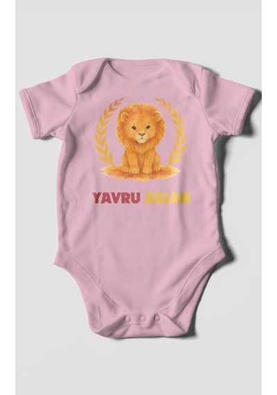 Yavru Aslan Baskılı Bebek Zıbını Çıtçıtlı Body 8 Renk %100 Pamuk Kısa Kol Koyu Pembe