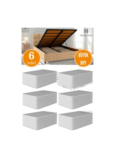 6 Adet - Antrasit Çizgili Büyük Boy Hurç Seti - Baza Altı Ve Çekyat Tipi Organizer - 65 X 45 X 22 Cm Gri