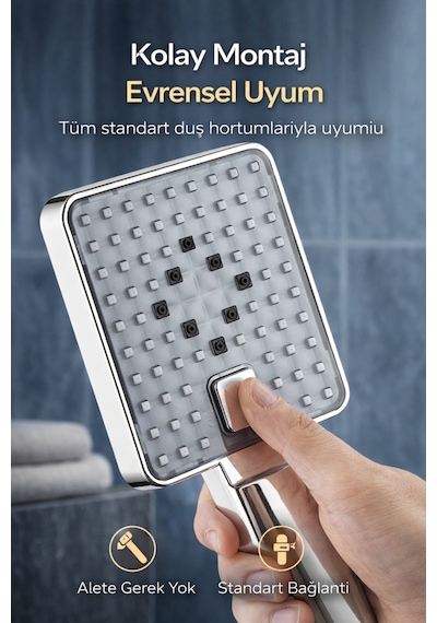 Yüksek Basınçlı Kare El Duş Başlığı 3 Fonksiyonlu Su Tasarruflu Modern Premium Tasarım Beyaz P Diğer