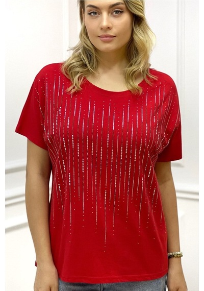 Rich Glam Bol Kesim Bisiklet Yaka Büyük Beden Crystal Taşlı Kadın T-shirt Kırmızı