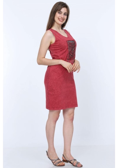 Mia Butik Kadın V Yaka Kare Pul Payetli Koyu Kırmızı Elbise-681 Nar Çiçeği