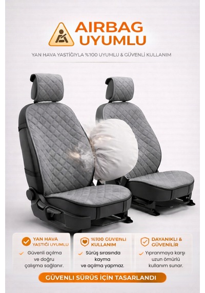 Oto Koltuk Kılıfı Tay Tüyü 2'li Ön Minder Terletmez Kaymaz Airbag Uyumlu - Gri