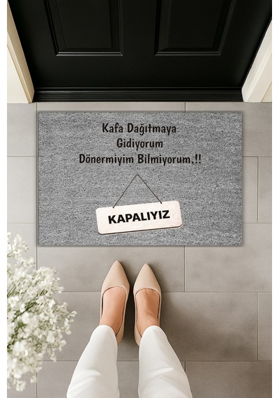 Rugmood Modern Dijital Baskı Paspas - Kapalıyız Paspas - Kapı Önü Paspası Gri