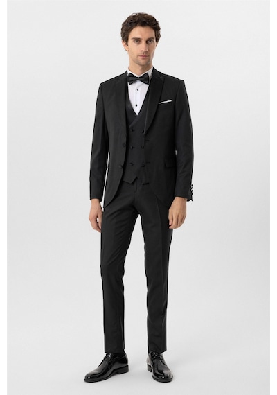 Süvari Siyah Slim Fit Armürlü Sivri Yaka 6 Drop Smokin & Damatlık