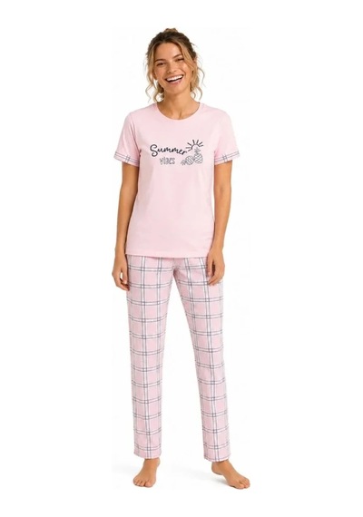Veraura Lifestyle Pamuklu Penye Summer Baskılı Kısa Kollu Pijama Takımı Ekose Desenli - Pembe