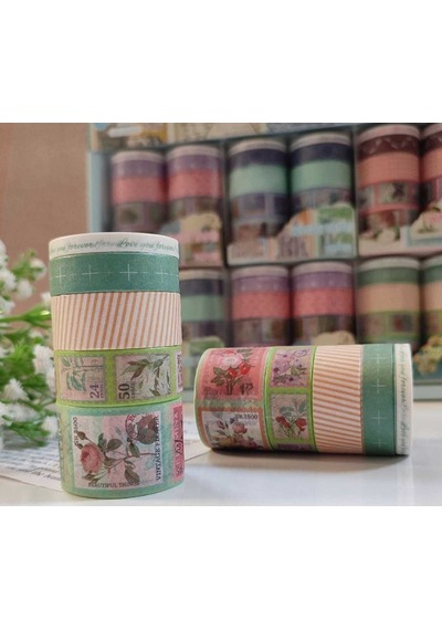 Vintage Washi Tape Bant Baskılı Yapışkanlı Maskeleme Kağıdı Desenli Bant 10'lu - Yeşil Pul Mektup 1