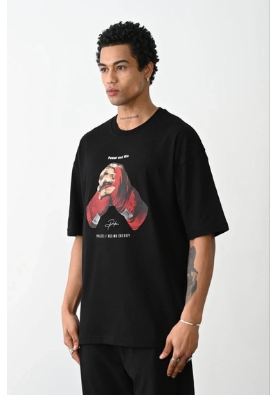 Erkek Box Eldiven Baskılı T-shirt Kısa Kol Bisiklet Yaka Tişört - Siyah Siyah