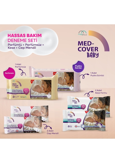 Med-cover Baby Pişik Önleyici Bakım Mendil Seti Parfümlü 50'li + Parfümsüz 50'li + 2 Kese + 2 Cep Boy 3'lü