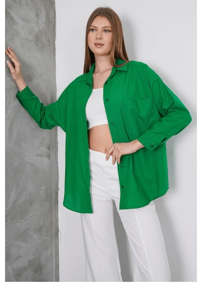 Paw Garage Kadın London Keten Tek Cepli Oversize Gömlek, Premium Kalite Keten Gömlek Yeşil