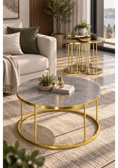Sulorahome Sehpa Ve Zigon Sehpa Seti - Gri Ve Gold Antrasit - Gri - Altın