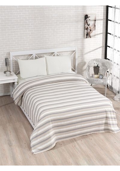 Pamuklu Gri Çarşaflı Lastikli Çarşaflı Pike Takımı 200x230 Krem