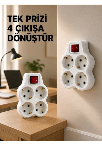 Anahtarlı 4 Lü Priz Adaptörü Direkt Duvar Prizine Takılan Priz Çoklayıcı 2 Li Set 1