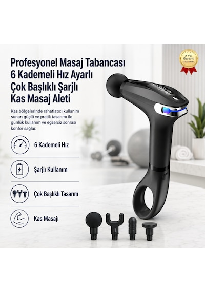 Profesyonel Masaj Tabancası 6 Kademeli Hız Ayarlı Çok Başlıklı Şarjlı Kas Masaj Aleti-1739 Gri