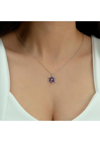 Pırlanta Modeli Mor Taş Lotus Kolye 925 Ayar Gümüş